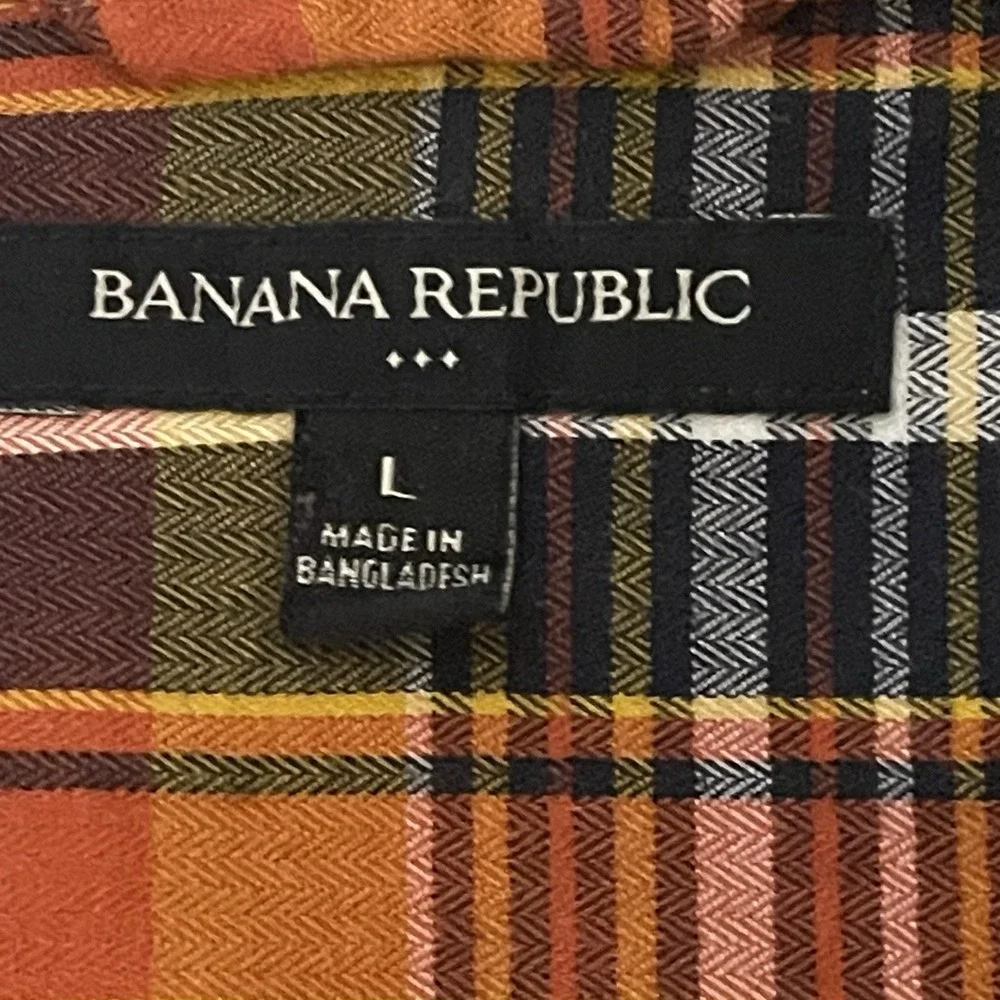 Banana Republic Mens Large Long Sleeve Plaid Shirt Orange Navy Gold Cotton